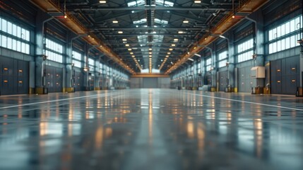 Vast and illuminated industrial warehouse interior with modern futuristic architecture conveyor belts steel equipment and organized storage space for manufacturing and logistics