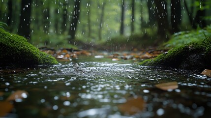 Fototapeta premium Rain Falling on a Creek in a Forest