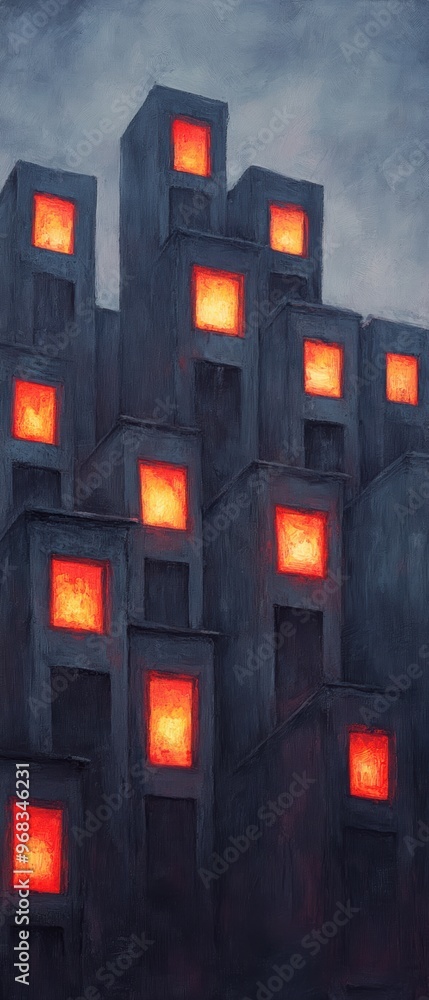 Poster an abstract representation of a cityscape with glowing windows and a moody atmosphere, blending dark