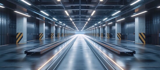 Fototapeta premium Futuristic industrial style hallway with a symmetrical vanishing point perspective and dramatic lighting The corridor features a minimalist concrete and steel design with clean lines shadows