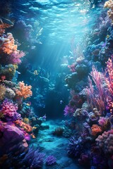 Fototapeta premium A breathtaking underwater utopia, featuring vibrant coral reefs and ethereal marine life, illuminated by surreal, soft lighting, capturing a dreamlike atmosphere, photorealistic