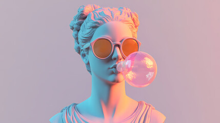 An antique female bust sculpture in modern sunglasses makes a bubble with the gum. minimal pop culture concept art. isolated on free png background. Pop Art. Illustration