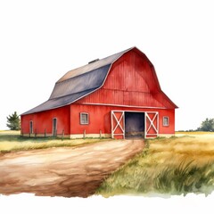 Obraz premium Rural Red Barn in Countryside - Watercolor Illustration of Barn with Dirt Path and Fields
