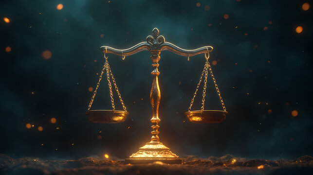 3d illustration of scales representing law and justice on dark background with cinematic lighting. Cinematic. Illustration
