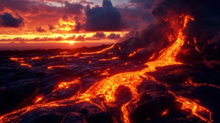 Breathtaking view of a lava flow at sunset, showcasing vibrant colors and dramatic volcanic landscape.