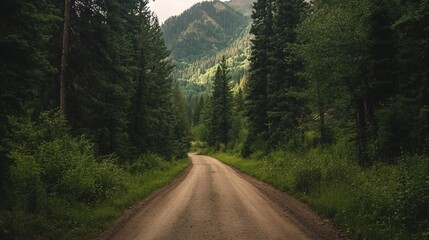 A serene dirt road winding through lush green pine forests and majestic mountains.