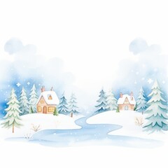 Charming winter scene with cozy houses, snow-covered trees, and a serene river, perfect for holiday-themed designs and illustrations.