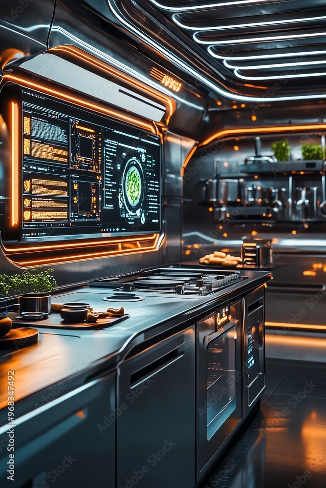 Wall mural a low-angle view of a futuristic kitchen