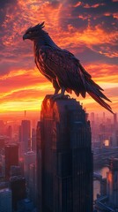 Obraz premium A low-angle view of a majestic griffin perched atop a skyscraper