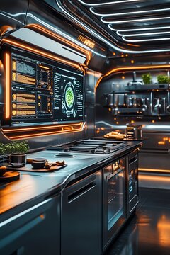 A low-angle view of a futuristic kitchen