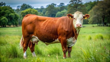 Fototapeta premium A majestic brownish-red cattle stands out against the verdant backdrop of a meadow, its white face and belly