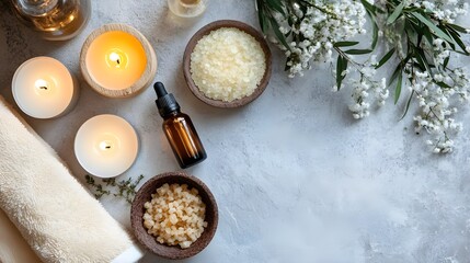 Fototapeta premium A relaxing flat lay of spa and wellness items, including scented candles, essential oils, a soft towel, and a small bowl of bath salts.
