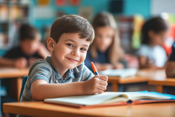 Focused boy writing in his notebook during a lesson in a classroom setting surrounded by other engaged students