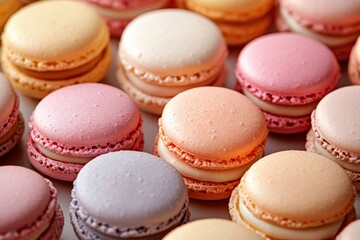 Colorful macarons arranged beautifully, showcasing a delightful array of pastel shades perfect for desserts and special occasions.