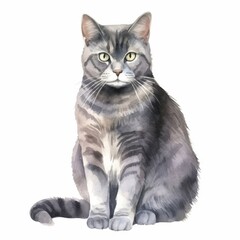 Obraz premium Detailed Watercolor Illustration of a Gray Tabby Cat Sitting â€“ Perfect Artwork for Animal Lovers and Pet-Themed Designs