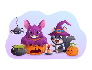 Halloween card with amusing cartoon black cat in witch's hat, bat, spider and cute smiling pumpkin. Vector illustration.
