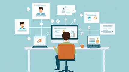 A businessperson delegating tasks to a team of freelancers via project management software.