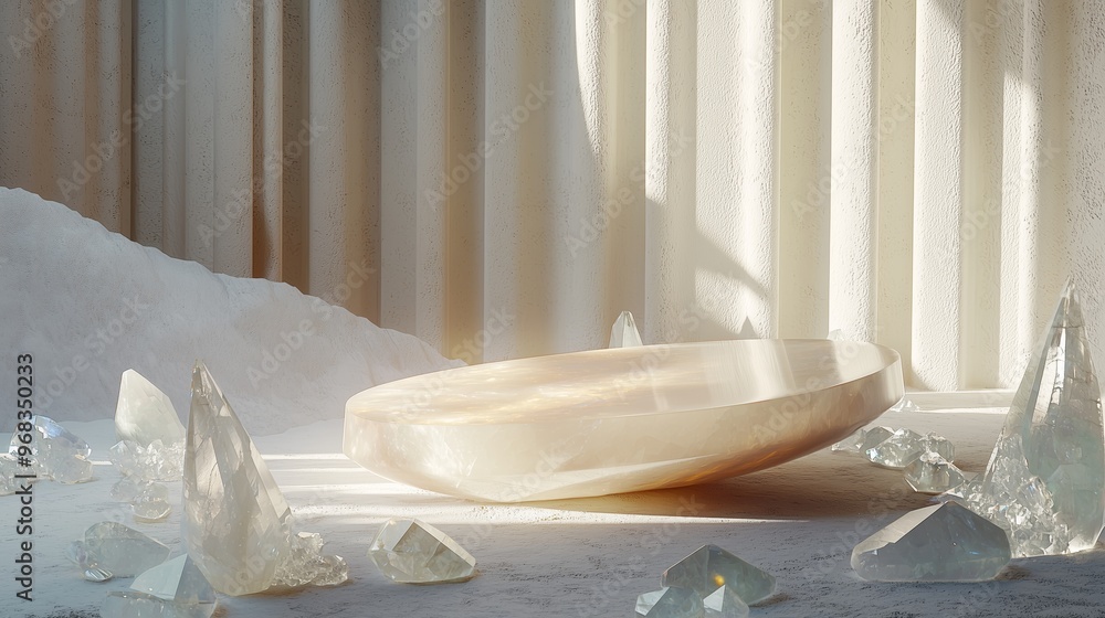 Poster a smooth, polished 3d podium made of moonstone, surrounded by glowing crystal shards and raw mineral