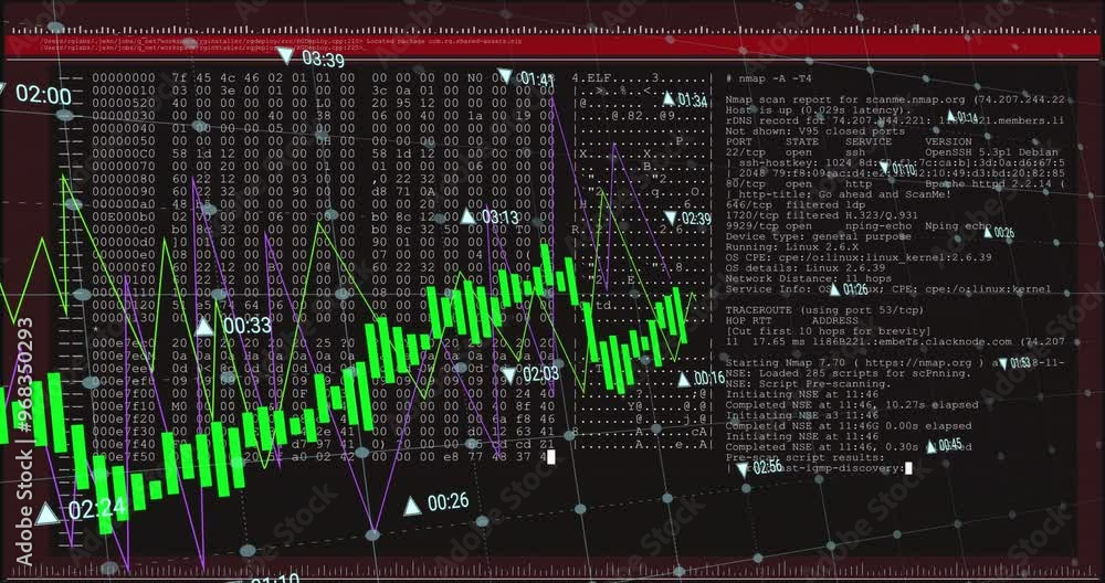 Poster animation of financial data processing over screens on black background