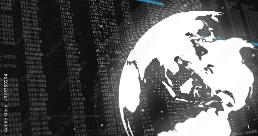 Aufkleber animation of financial data processing over globe on black background