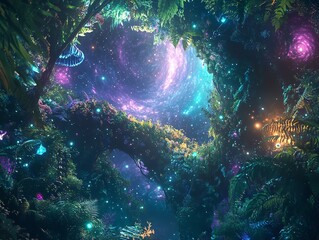 Obraz premium A vibrant worms-eye view of a lush fantasy forest