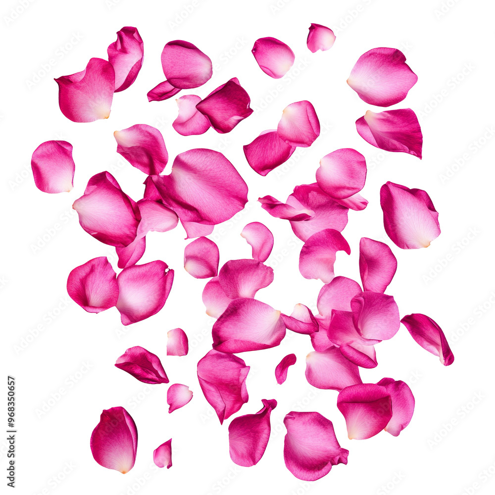 Poster Pink flower petals scattered across a white background