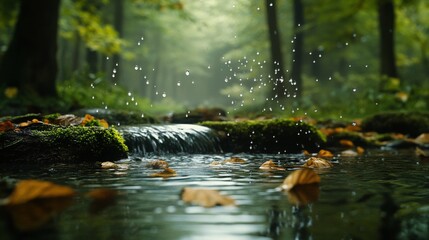 Fototapeta premium Rain Droplets Falling on a Stream in a Forest