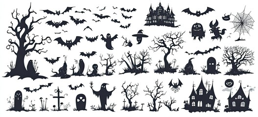 Spooky Halloween silhouettes including bats, ghosts, haunted houses, and eerie trees, perfect for Halloween themed designs.