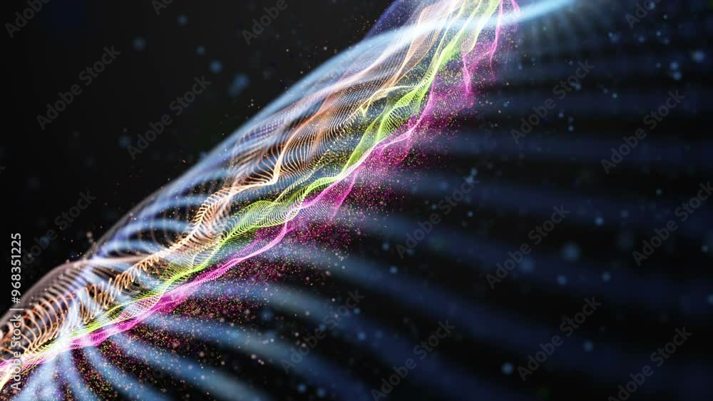 Poster futuristic video animation with wave object and glitter particles in motion, 4096x2304 loop 4k