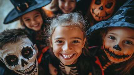 smiling kids in halloween costumes at party, skeleton, vampire, witch, children, kid, child, masquerade, portrait, october 31, all saints day, celebration, holiday, autumn, fall, girl, boy, childhood