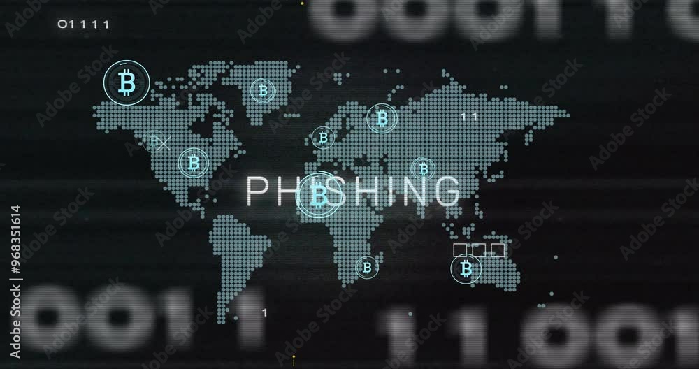 Poster animation of phishing text, bitcoin symbols and data processing over world map on black background