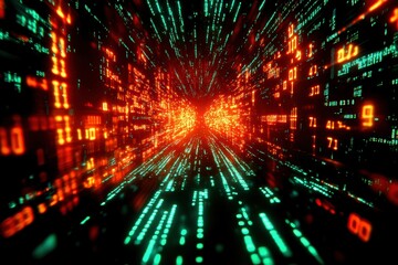 Fototapeta premium Dynamic matrix of glowing numbers and lights, representing digital data flow in a futuristic cybernetic environment.
