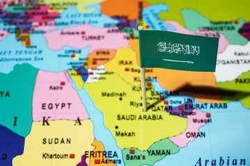 Fototapeta premium A map of the Middle East with a Saudi Arabia flag on it