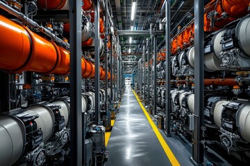 Fototapeta premium Rows of industrial tanks and pipes in a warehouse