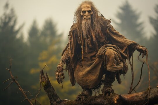 Slavic legends: Baba Yaga, Leshy from Slavic folklore, Baba Yaga as notorious witch in hut on chicken legs, Leshy as shape-shifting forest spirit, mystique and danger of Eastern Slavic mythology