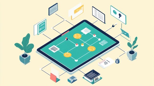 A workflow diagram on a tablet highlighting outsourced tasks in a business project.