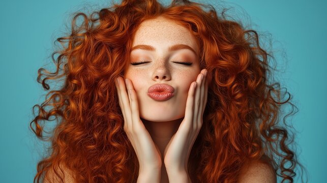 Young woman with curly red hair making a playful kissy face against a light blue background during a casual portrait session