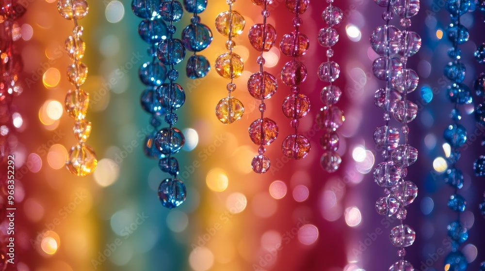 Poster colorful beaded strings hanging against a bokeh background