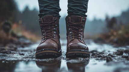 Close-up of brown hiking boots in wet, rocky trail on rainy day