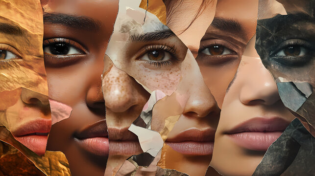 Dramatic collage of faces, different races and ethnicities, acceptance and embracing diversity. Collage. Illustration