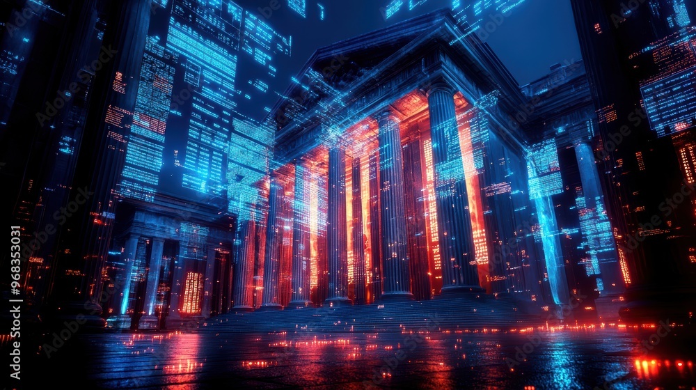 Poster futuristic cityscape with illuminated columns, digital patterns, and vibrant colors, representing te