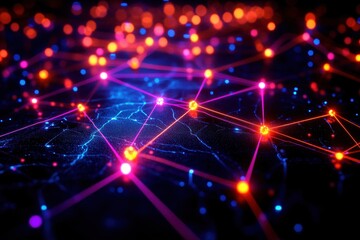 Futuristic connected network with vibrant dots and glowing lines, representing digital communication and technology concepts.