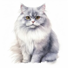 Beautiful Watercolor Illustration of a Fluffy Gray Persian Cat with Golden Eyes