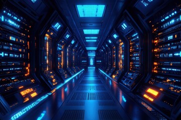 Futuristic data center corridor with blue and orange lighting, showcasing advanced technology and digital equipment.