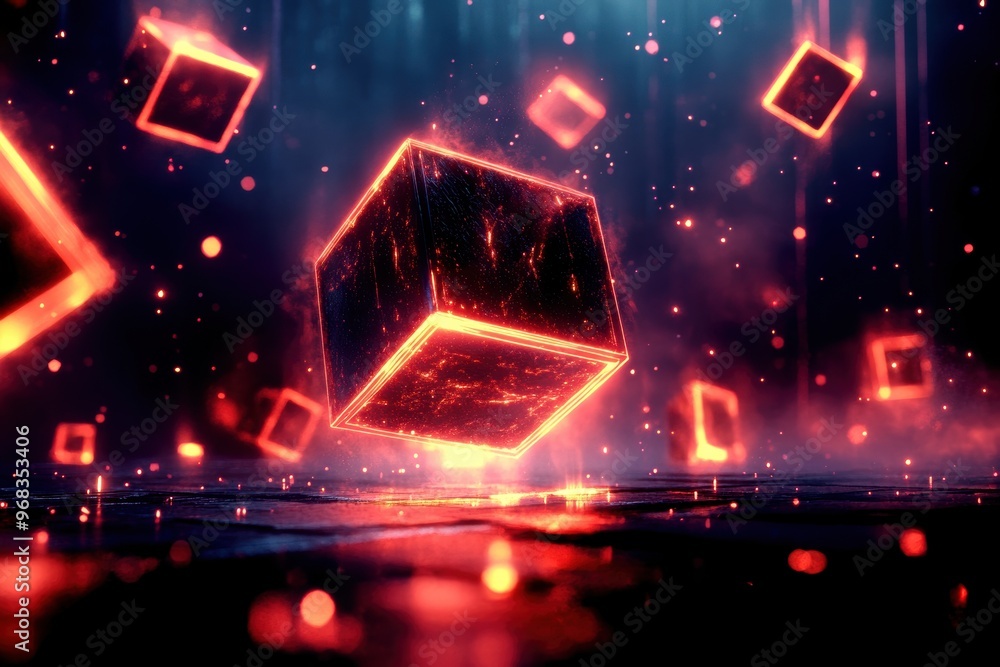 Aufkleber futuristic glowing cubes floating in a dark space, illuminated by vibrant red and blue lights, creat