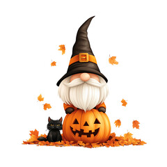 A whimsical gnome with a hat sits atop a carved pumpkin, accompanied by a playful black cat and autumn leaves swirling around.