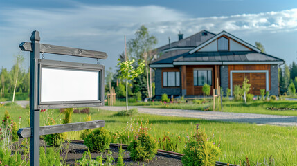 Blank Real Estate Sign Ready For Your Message in Front of House. Generative AI.