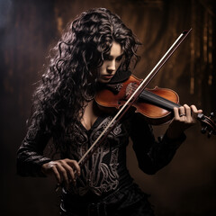 Fototapeta premium Dark Gothic Violinist Woman in Dramatic Lighting - Mysterious Musical Performance