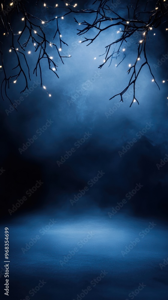 Poster mystical blue backdrop with ethereal lights and fog, perfect for creating a magical or enchanting at