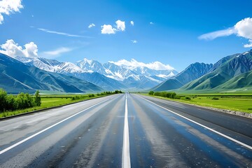 Fototapeta premium A highways road leading to mountains under the blue sky